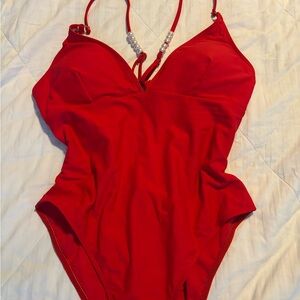 Red One-Piece Swimsuit with Beaded Straps